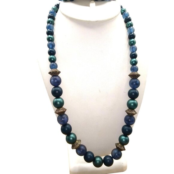 Shades of Twilight Long Beaded Necklace, Blues in Teals in Matte Finish, Floral - Picture 1 of 4